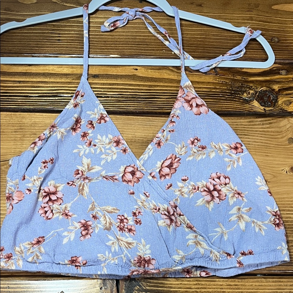 American Eagle Floral Textured Wrap Crop Halter Top - Blue and Pink Medium